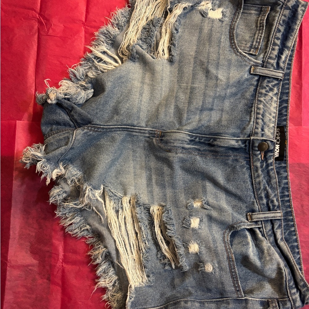 Fashion Nova Blue Frayed Denim Jean Shorts